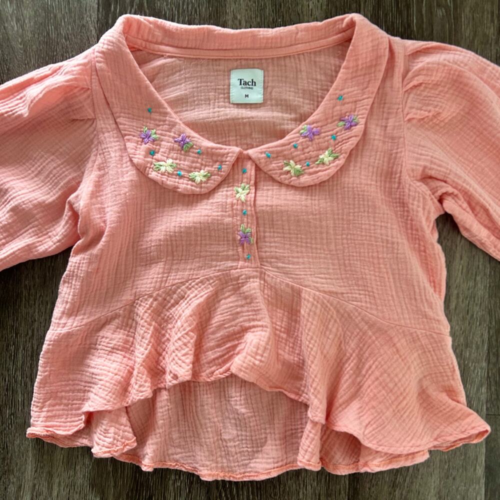 Tach Larina Embroidered Linen Cotton Top Puff Sleeve Peach Pink - Picture 5 of 16